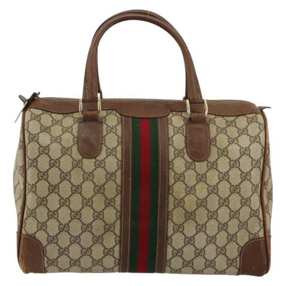 GUCCI GG Supreme Web Sherry Line Boston Bag PVC Beige Gold Auth 178730
