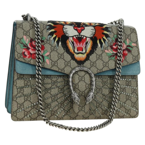 GUCCI Chain Dionysus Angry Cat Bag Leather Beige Silver 403348 Auth 178733V