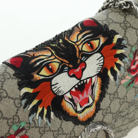 GUCCI Chain Dionysus Angry Cat Bag Leather Beige Silver 403348 Auth 178733V