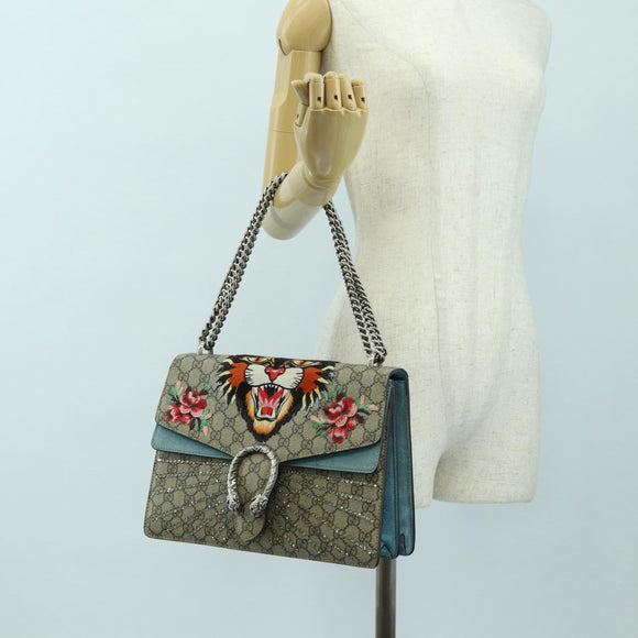 GUCCI Chain Dionysus Angry Cat Bag Leather Beige Silver 403348 Auth 178733V
