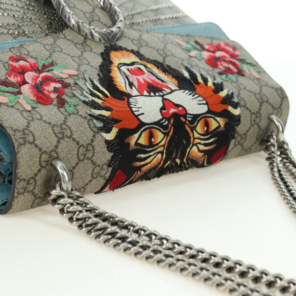 GUCCI Chain Dionysus Angry Cat Bag Leather Beige Silver 403348 Auth 178733V
