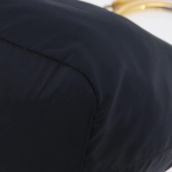 PRADA Metal Handle Hand Bag Nylon Navy Gold Auth 178739