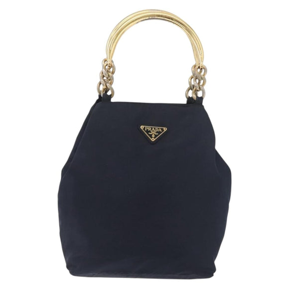 PRADA Metal Handle Hand Bag Nylon Navy Gold Auth 178739