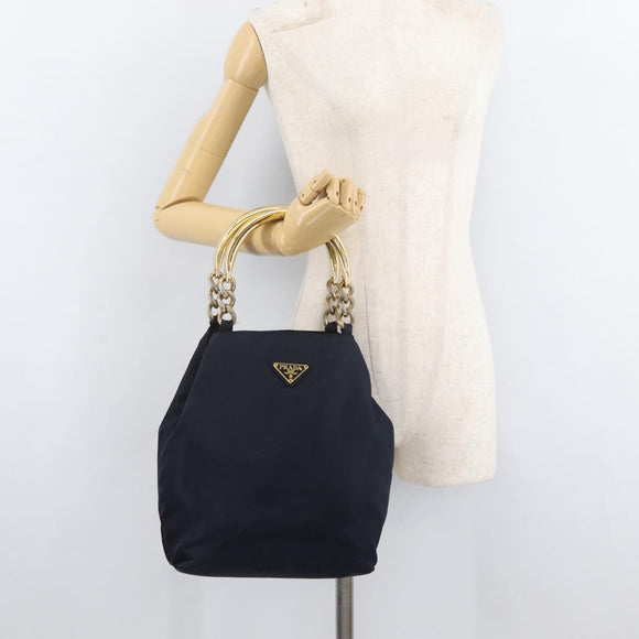PRADA Metal Handle Hand Bag Nylon Navy Gold Auth 178739