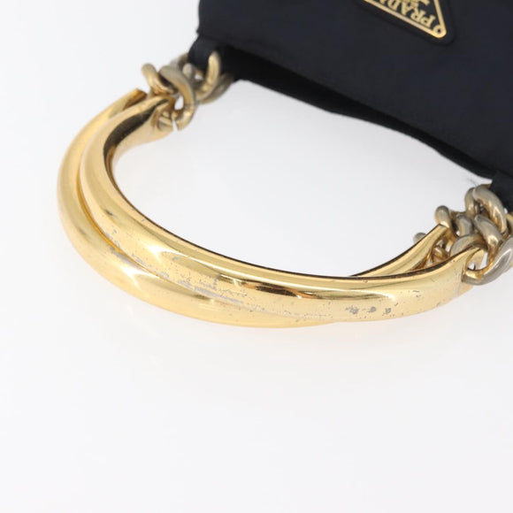 PRADA Metal Handle Hand Bag Nylon Navy Gold Auth 178739