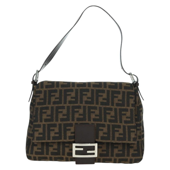 FENDI Zucca Canvas Mamma Baguette Shoulder Bag Black Brown Auth 178747V