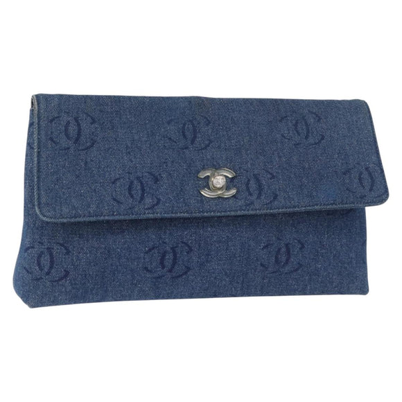 CHANEL Clutch Bag Denim Blue Silver CC Auth 178770SAV