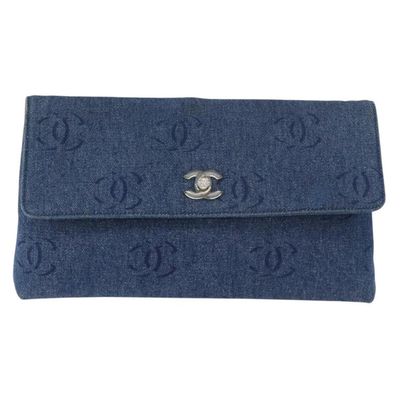 CHANEL Clutch Bag Denim Blue Silver CC Auth 178770SAV