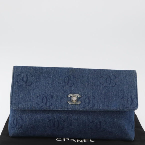 CHANEL Clutch Bag Denim Blue Silver CC Auth 178770SAV