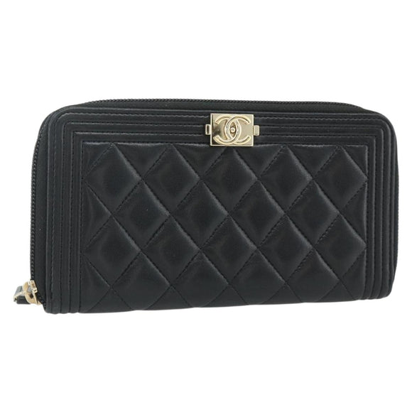 CHANEL Matelasse Boy Chanel Long Wallet Lamb Skin Black Gold CC Auth 178780A