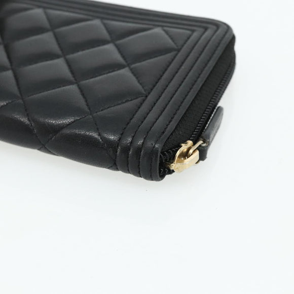 CHANEL Matelasse Boy Chanel Long Wallet Lamb Skin Black Gold CC Auth 178780A