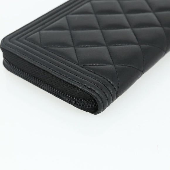 CHANEL Matelasse Boy Chanel Long Wallet Lamb Skin Black Gold CC Auth 178780A