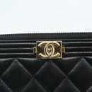 CHANEL Matelasse Boy Chanel Long Wallet Lamb Skin Black Gold CC Auth 178780A-13
