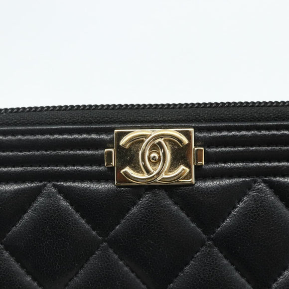 CHANEL Matelasse Boy Chanel Long Wallet Lamb Skin Black Gold CC Auth 178780A