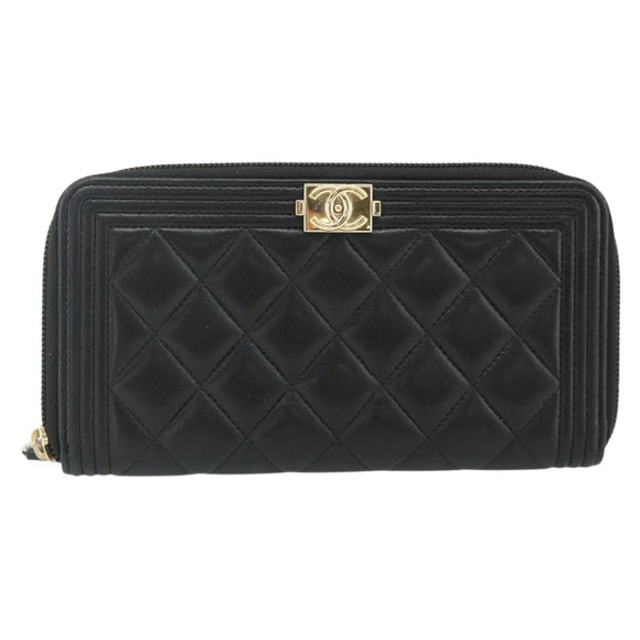 CHANEL Matelasse Boy Chanel Long Wallet Lamb Skin Black Gold CC Auth 178780A