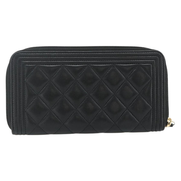 CHANEL Matelasse Boy Chanel Long Wallet Lamb Skin Black Gold CC Auth 178780A