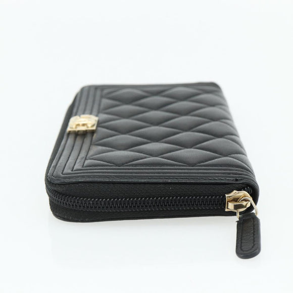 CHANEL Matelasse Boy Chanel Long Wallet Lamb Skin Black Gold CC Auth 178780A