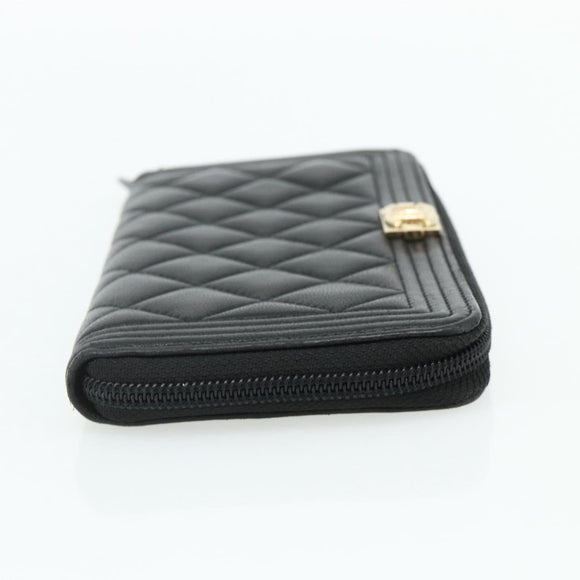 CHANEL Matelasse Boy Chanel Long Wallet Lamb Skin Black Gold CC Auth 178780A