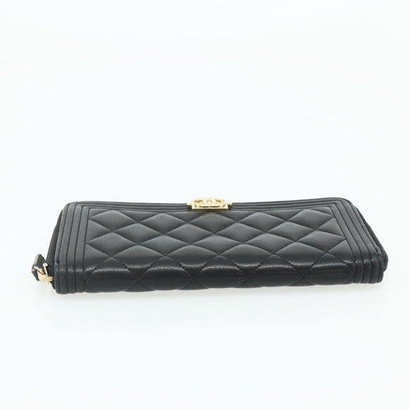 CHANEL Matelasse Boy Chanel Long Wallet Lamb Skin Black Gold CC Auth 178780A