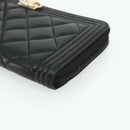 CHANEL Matelasse Boy Chanel Long Wallet Lamb Skin Black Gold CC Auth 178780A-8