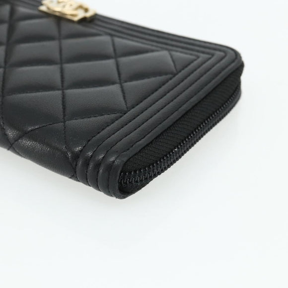 CHANEL Matelasse Boy Chanel Long Wallet Lamb Skin Black Gold CC Auth 178780A