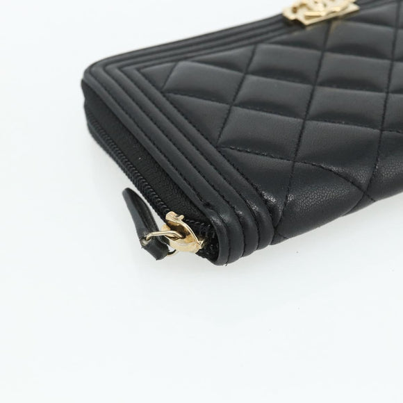 CHANEL Matelasse Boy Chanel Long Wallet Lamb Skin Black Gold CC Auth 178780A