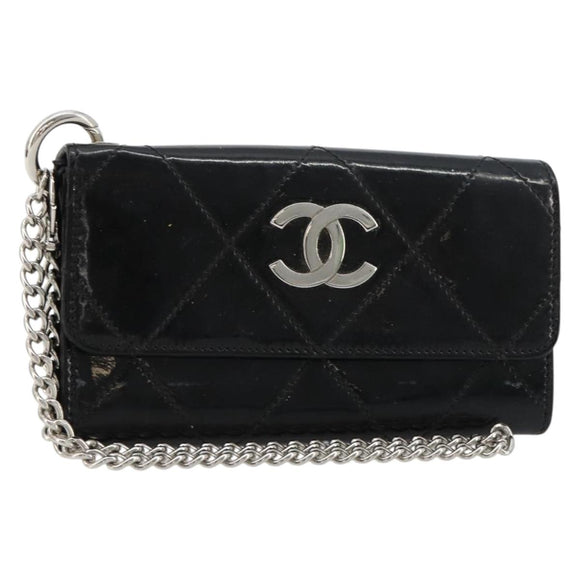 CHANEL Matelasse Chain Wallet Patent leather Black Silver CC Auth 178781A