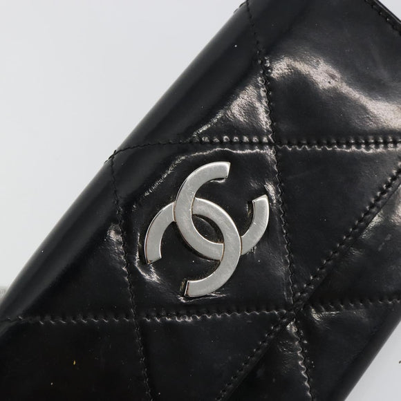 CHANEL Matelasse Chain Wallet Patent leather Black Silver CC Auth 178781A