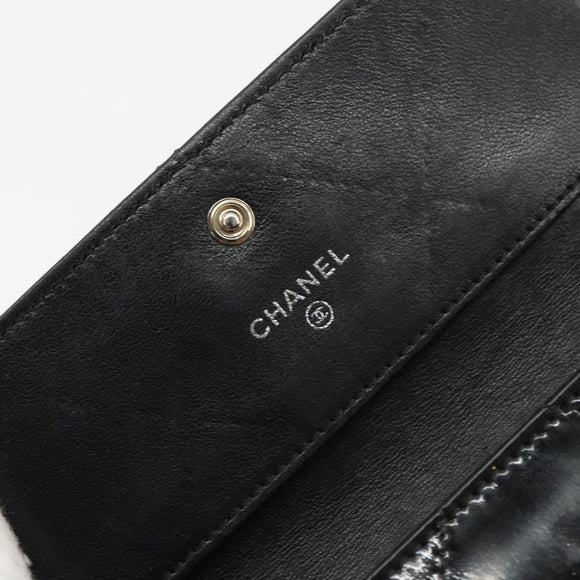CHANEL Matelasse Chain Wallet Patent leather Black Silver CC Auth 178781A