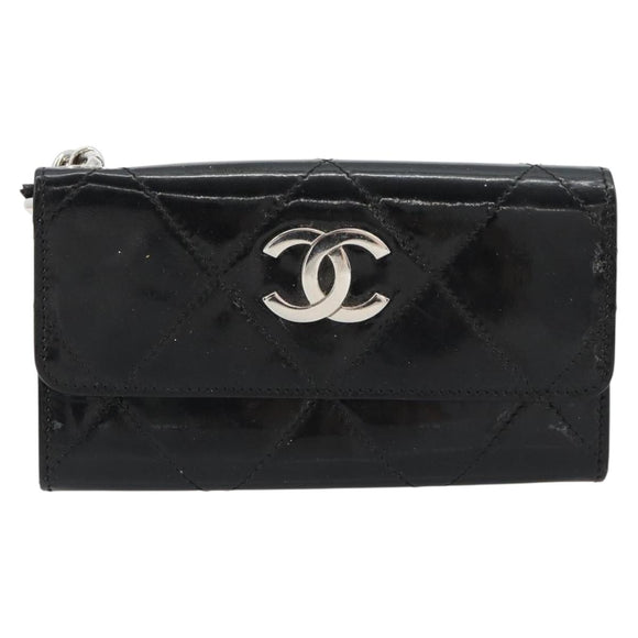 CHANEL Matelasse Chain Wallet Patent leather Black Silver CC Auth 178781A