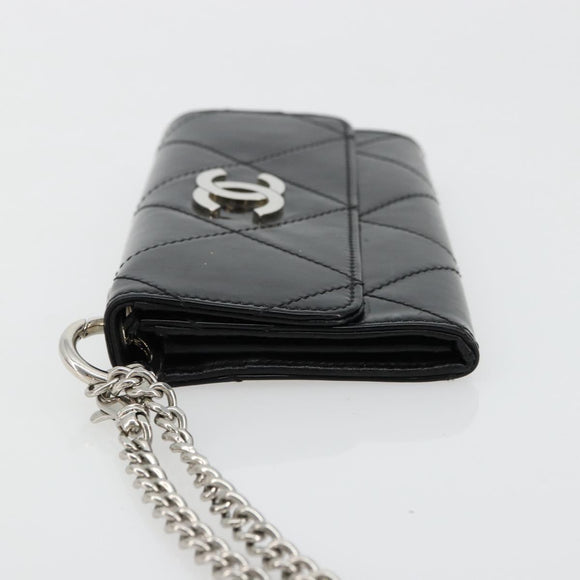 CHANEL Matelasse Chain Wallet Patent leather Black Silver CC Auth 178781A