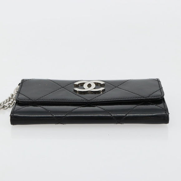 CHANEL Matelasse Chain Wallet Patent leather Black Silver CC Auth 178781A