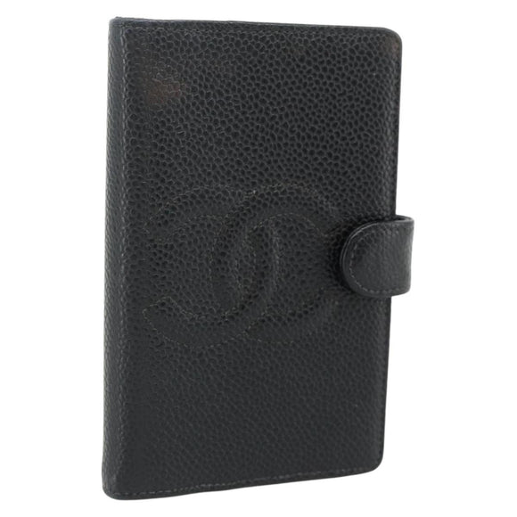 CHANEL Day Planner Cover Caviar Skin Black Gold CC Auth 178788A