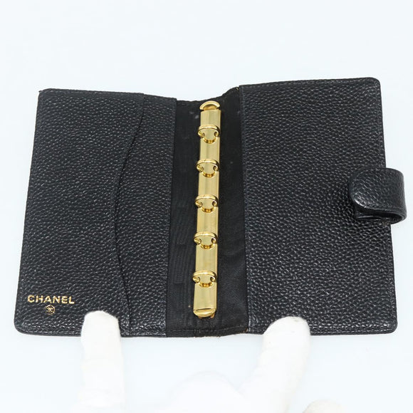 CHANEL Day Planner Cover Caviar Skin Black Gold CC Auth 178788A