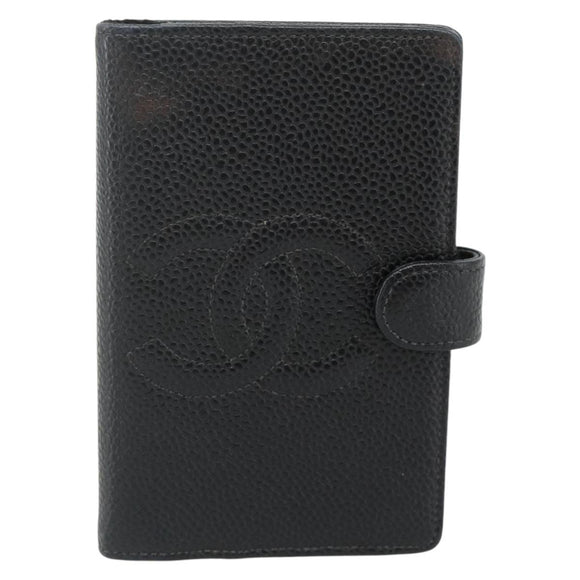 CHANEL Day Planner Cover Caviar Skin Black Gold CC Auth 178788A