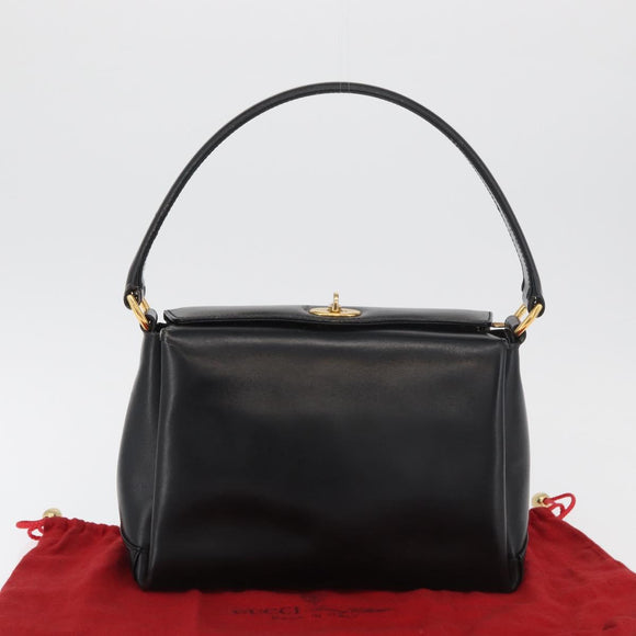 GUCCI Hand Bag Leather Black Gold Auth 178816
