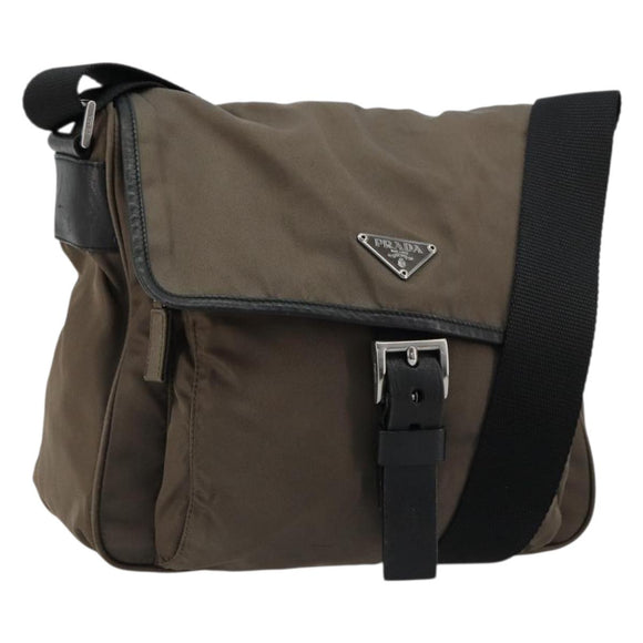PRADA Schultertasche Nylon Beige Silber Auth 178834A