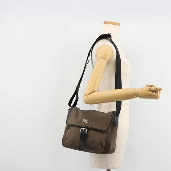 PRADA Schultertasche Nylon Beige Silber Auth 178834A