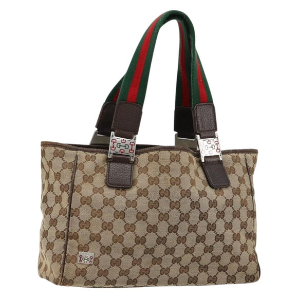 GUCCI GG Canvas Web Sherry Line Handtas Beige Zilver Auth 178849