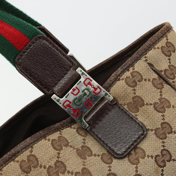 GUCCI GG Canvas Web Sherry Line Handtas Beige Zilver Auth 178849