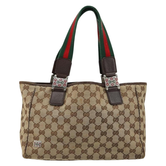 GUCCI GG Canvas Web Sherry Line Handtas Beige Zilver Auth 178849