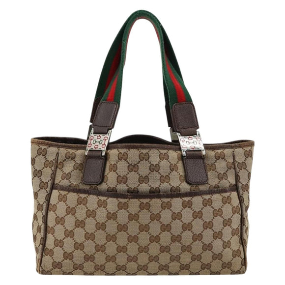 GUCCI GG Canvas Web Sherry Line Handtas Beige Zilver Auth 178849