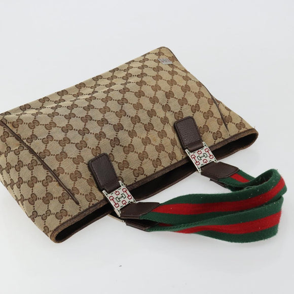 GUCCI GG Canvas Web Sherry Line Handtas Beige Zilver Auth 178849