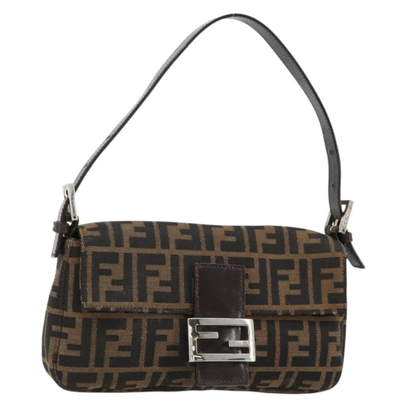 FENDI Zucca Canvas Mamma Baguette Shoulder Bag Black Brown Auth 178866SAM