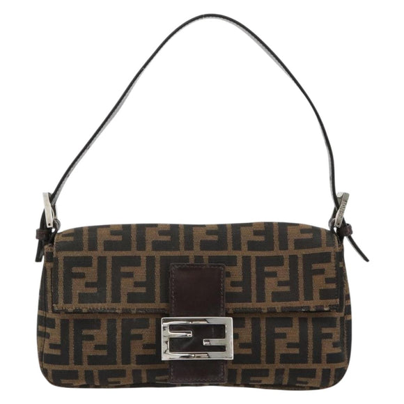 FENDI Zucca Canvas Mamma Baguette Shoulder Bag Black Brown Auth 178866SAM