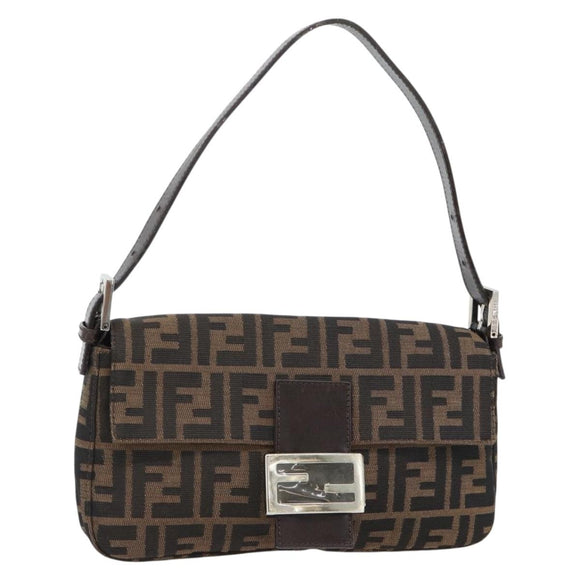 FENDI Zucca Canvas Mamma Baguette Shoulder Bag Black Brown Auth 178872SAM