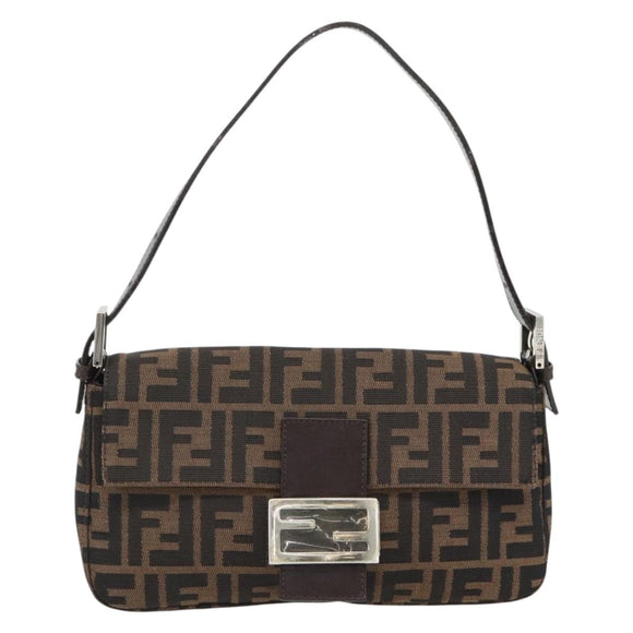FENDI Zucca Canvas Mamma Baguette Shoulder Bag Black Brown Auth 178872SAM