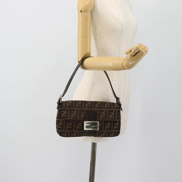 FENDI Zucca Canvas Mamma Baguette Shoulder Bag Black Brown Auth 178872SAM