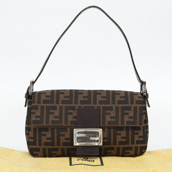 FENDI Zucca Canvas Mamma Baguette Shoulder Bag Black Brown Auth 178872SAM
