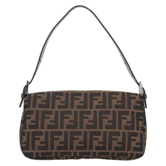 FENDI Zucca Canvas Mamma Baguette Shoulder Bag Black Brown Auth 178872SAM